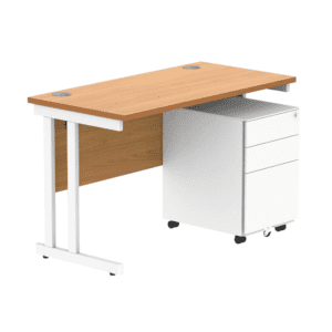 Double Upright Rectangular Desk + 3 Drawer Steel Pedestal