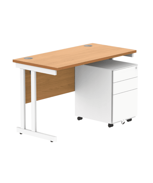 Double Upright Rectangular Desk + 3 Drawer Steel Pedestal