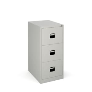 A gray three-drawer file cabinet
