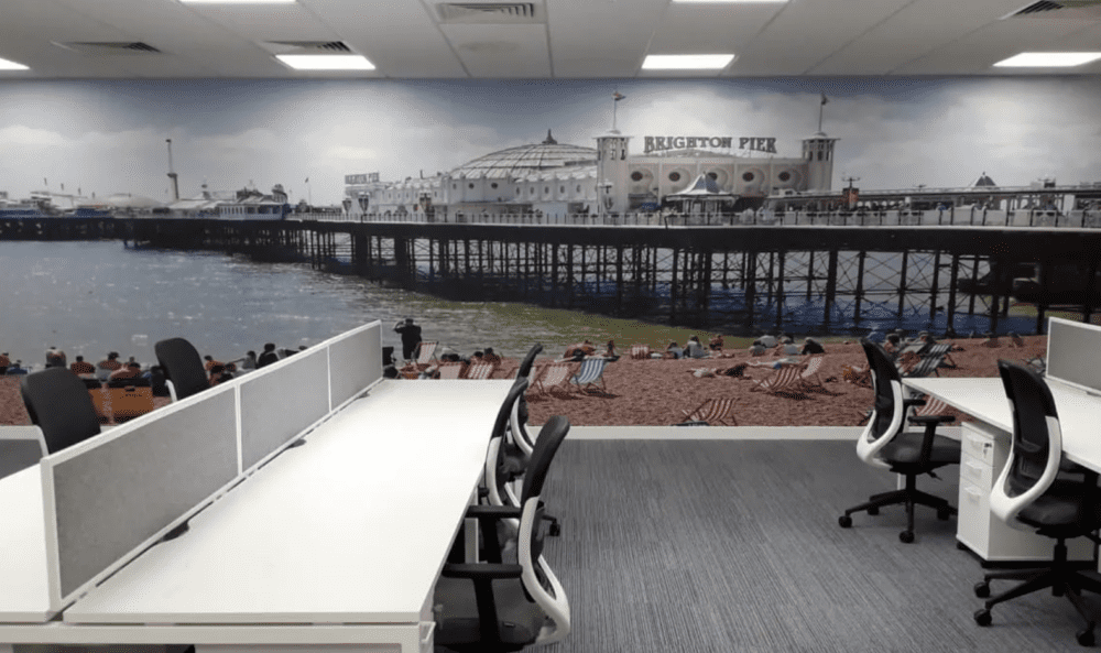 Office with pier mural wall
