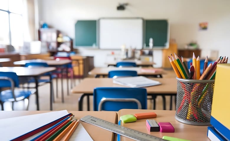 Classroom with desks and supplies