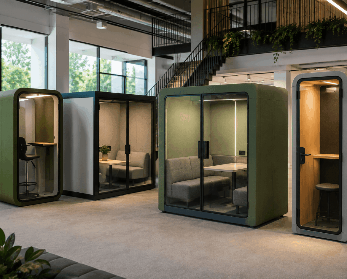 Modern office meeting pod with acoustic seating and glass walls providing a private space for meetings within a busy open-plan workplace.