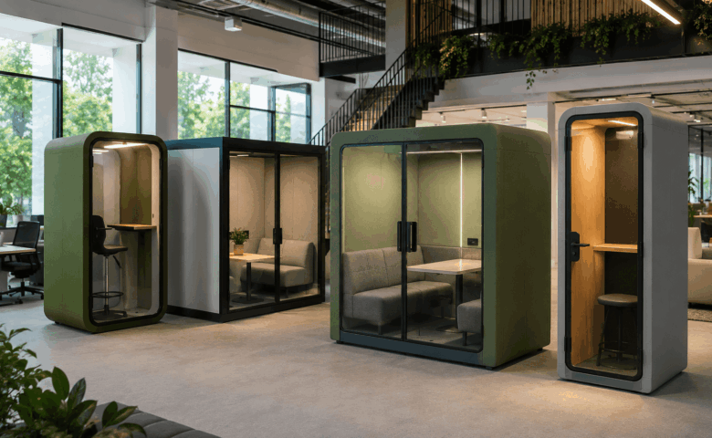 Modern office meeting pod with acoustic seating and glass walls providing a private space for meetings within a busy open-plan workplace.