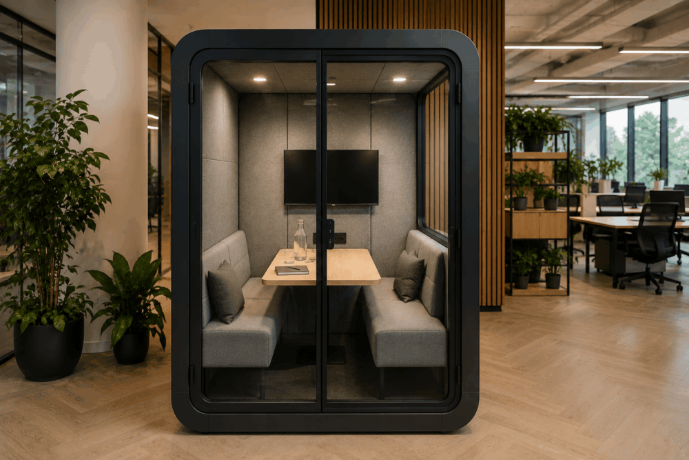 Glass-fronted meeting pod with built-in seating and table, providing a private meeting space within a busy open-plan office.