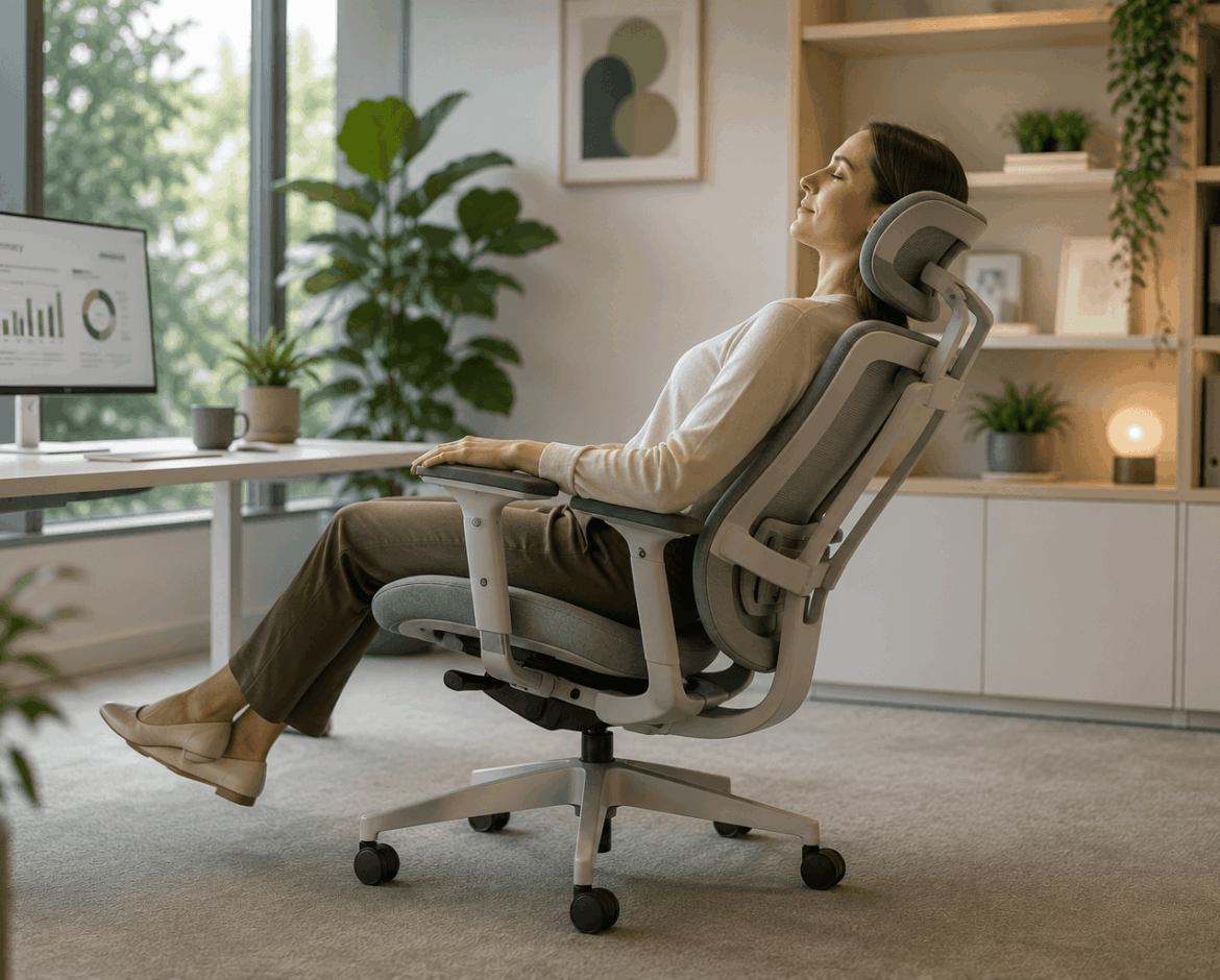 Person reclining in an ergonomic office chair with headrest and lumbar support in a modern workspace, demonstrating a posture designed to reduce spinal pressure.