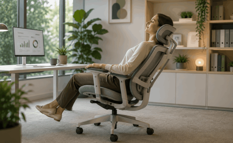 Person reclining in an ergonomic office chair with headrest and lumbar support in a modern workspace, demonstrating a posture designed to reduce spinal pressure.