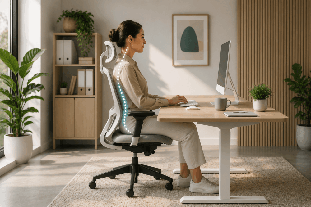 Office worker sitting with correct posture in an ergonomic chair at a height-adjustable desk in a modern workspace