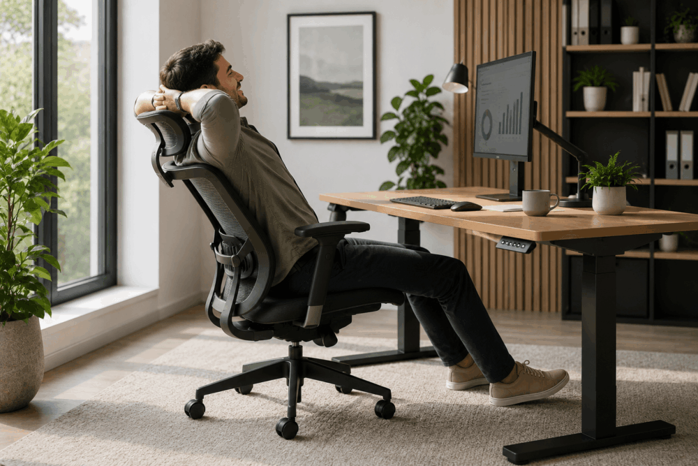 Employee relaxing comfortably in an ergonomic office chair at a modern workstation designed for workplace wellbeing