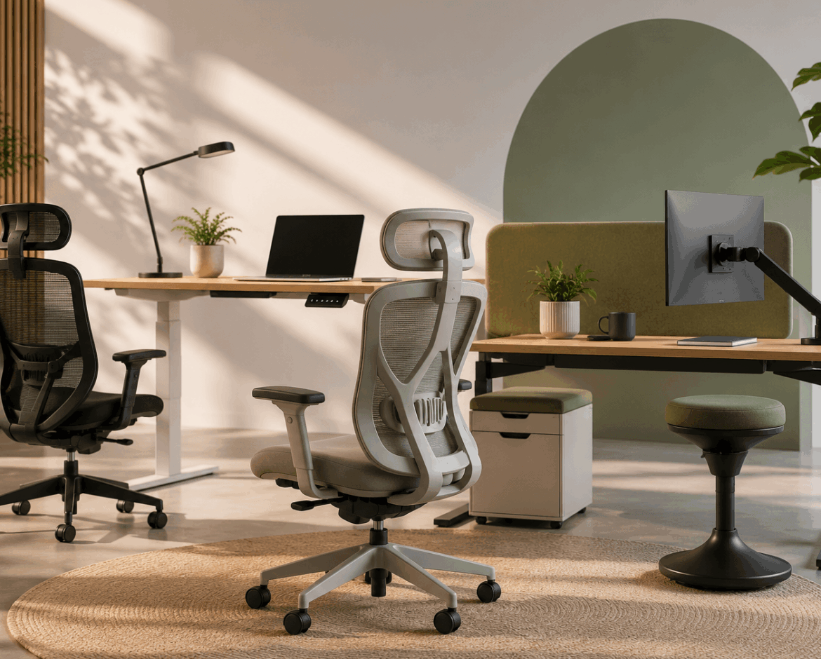 Collection of ergonomic office chairs, desks and workspace furniture designed to improve comfort and workplace wellbeing