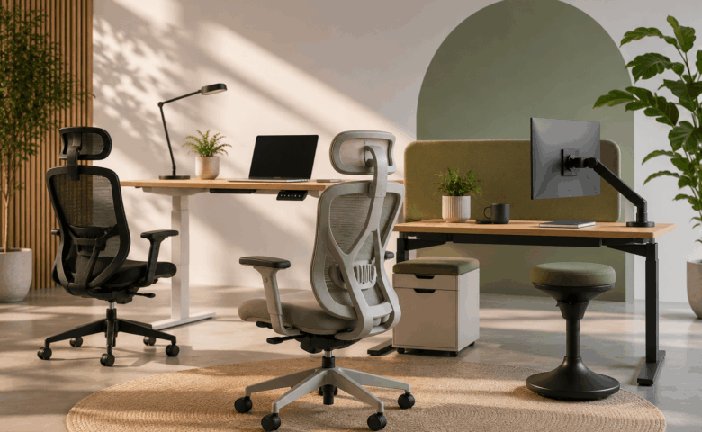 Collection of ergonomic office chairs, desks and workspace furniture designed to improve comfort and workplace wellbeing