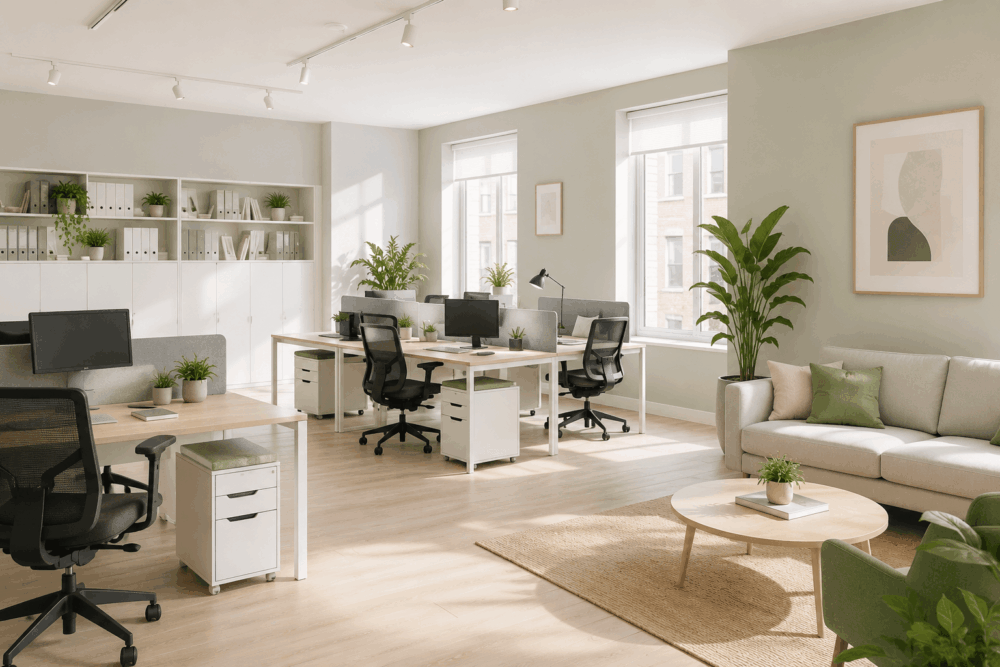 Bright office interior with light-coloured walls, natural wood finishes and large windows creating a spacious feel