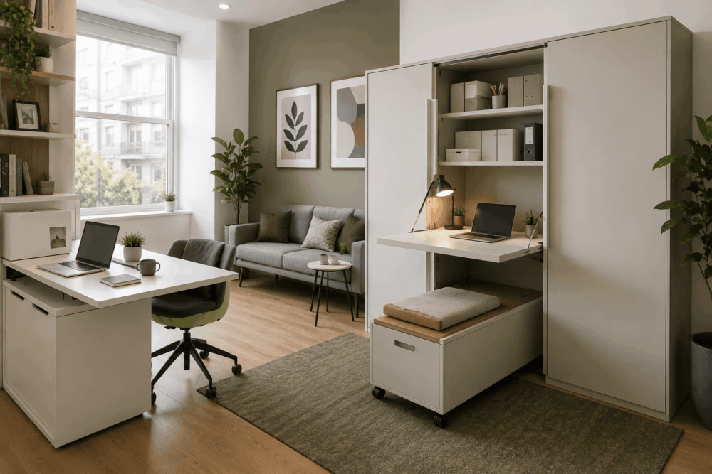Compact office featuring multifunctional furniture, concealed workspace and smart storage solutions to maximise floor space
