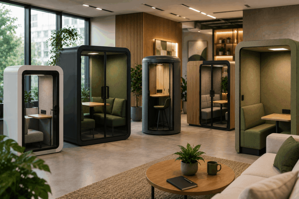 Contemporary workplace featuring a variety of office pods and meeting booths in different sizes, helping businesses compare privacy and workspace solutions.