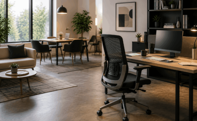 Modern office workspace with an ergonomic desk, mesh office chair and collaborative meeting area, highlighting how office furniture choices affect workplace productivity.