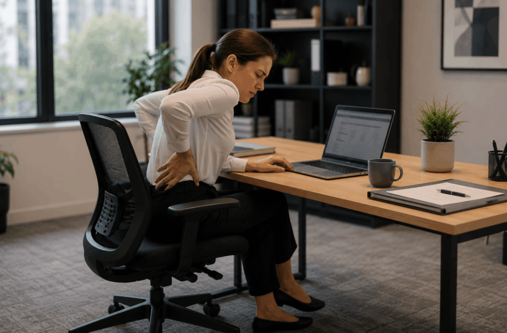 Office worker experiencing lower back pain while sitting at a desk, showing how poor office furniture choices can reduce workplace comfort.