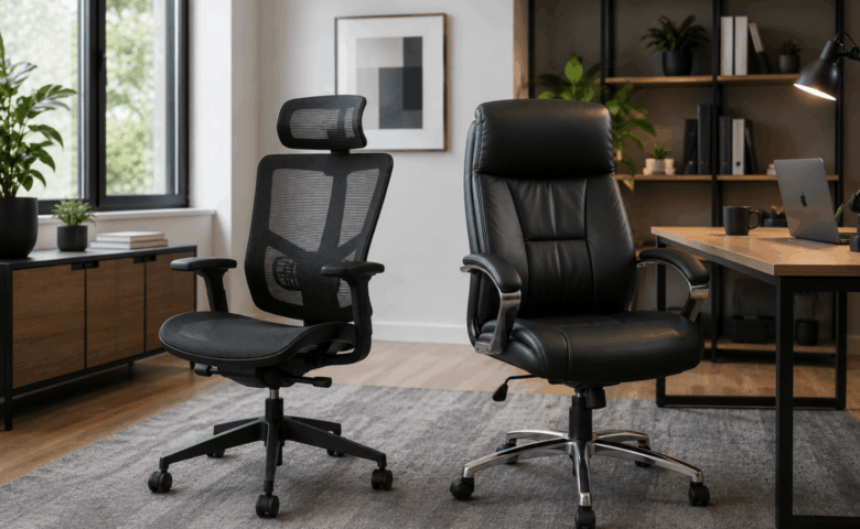 Mesh ergonomic office chair and leather executive office chair displayed side by side in a modern workspace, highlighting different seating styles for office environments.