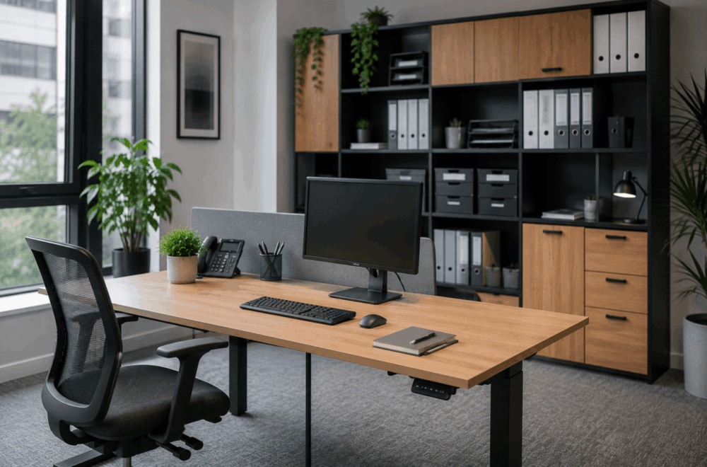 Organised office workspace with built-in storage cabinets, shelving, filing systems and a tidy desk that helps reduce workplace clutter and distractions.