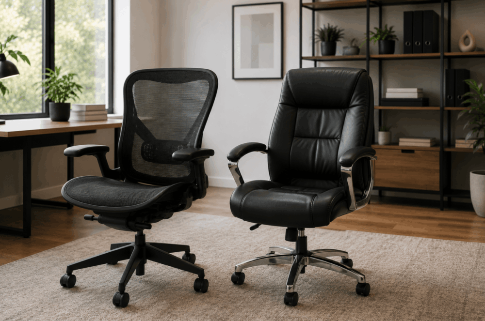Modern mesh ergonomic office chair and black leather executive chair positioned together in a contemporary office to compare their design and features.