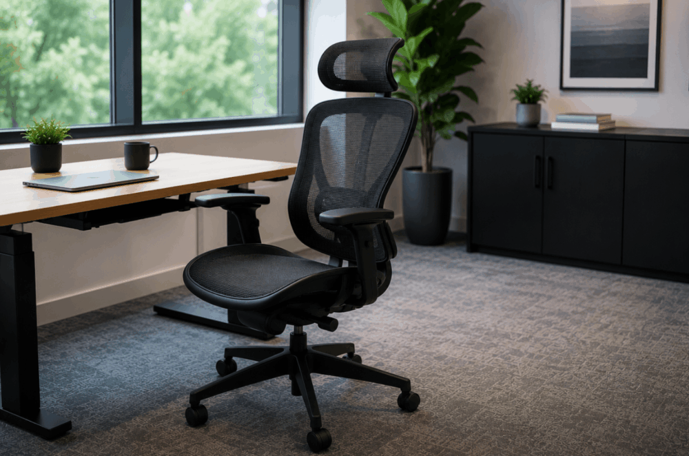 Modern ergonomic office chair with adjustable headrest, lumbar support and armrests positioned beside a height-adjustable desk in a contemporary office.