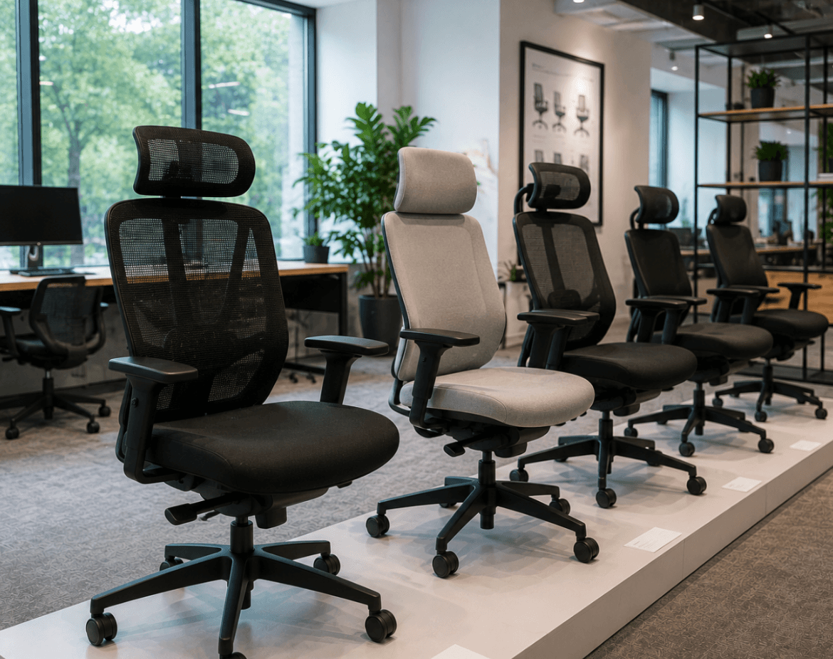 Display of ergonomic office chairs with different designs and adjustable features in a modern showroom, helping buyers compare available options.