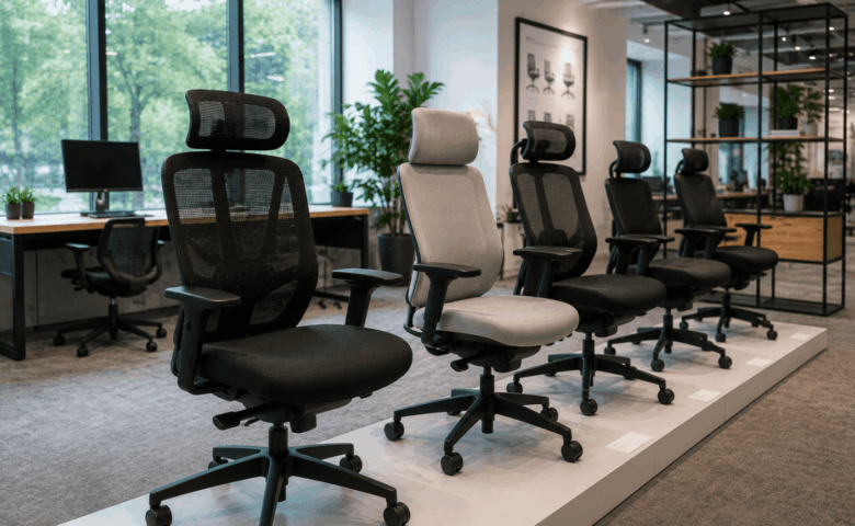 Display of ergonomic office chairs with different designs and adjustable features in a modern showroom, helping buyers compare available options.