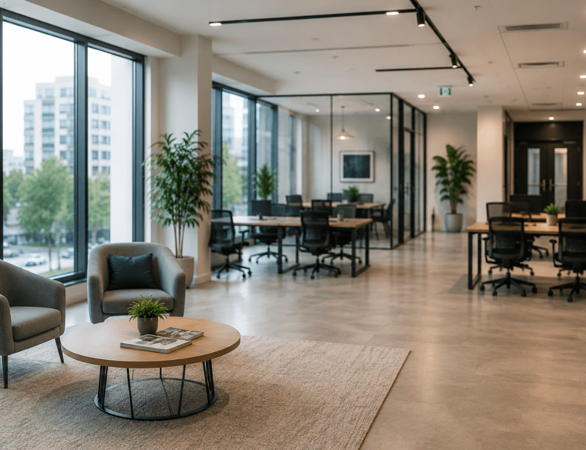 Bright contemporary office space with open-plan desks, meeting rooms, breakout seating and natural light, showing key features to look for when choosing an office in 2026.