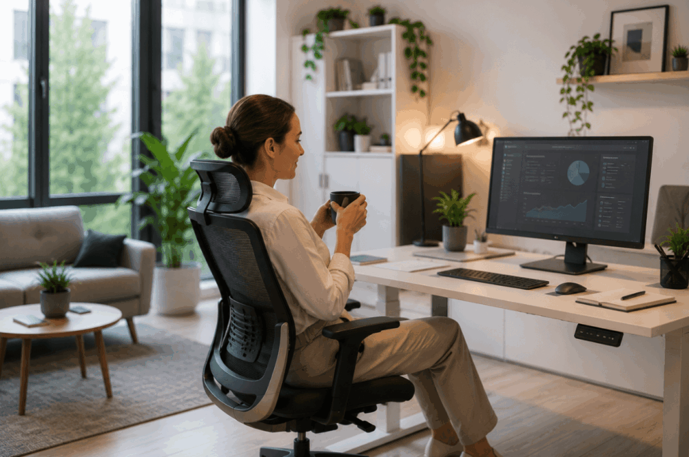 Employee sitting comfortably in an ergonomic office chair at a modern workstation with a hot drink, highlighting why office furniture matters for employee wellbeing.