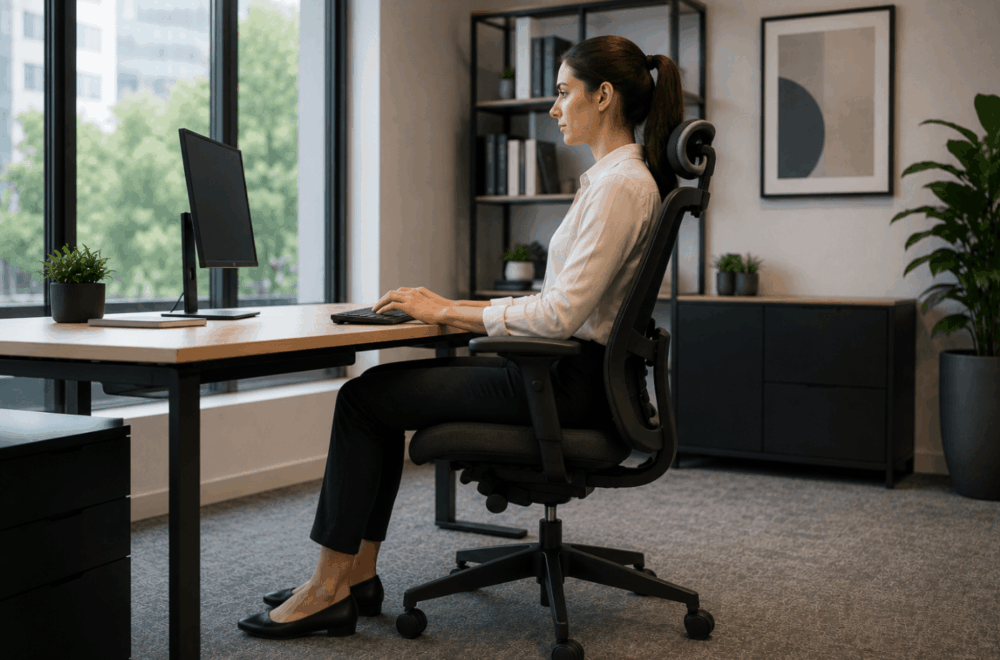 Office worker sitting with correct posture in an ergonomic office chair, demonstrating the importance of seat height and seat depth adjustment for comfort and support.